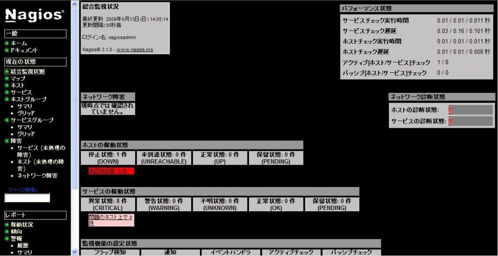 図２：Nagiosの総合監視状態画面