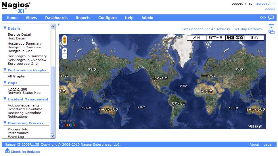 図１４：Nagios XI デモサイトGoogle Map画面