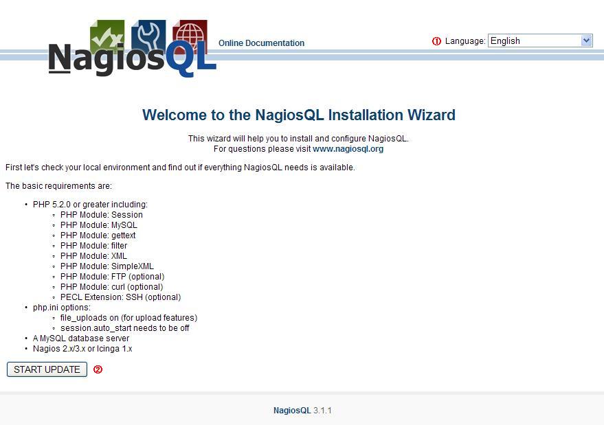 図１：NagiosQL（3.1.1）へのアップデート画面１